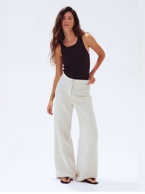 H&M High-Waisted Linen-Blend Wide-Leg Trousers - Size 6 beach lagenlook neutral